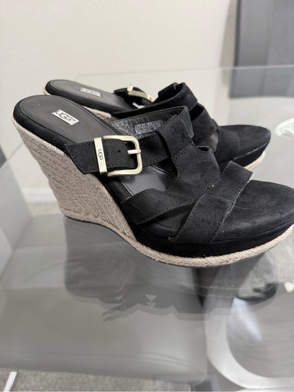 UGG Black Suede Espadrille Wedge Mules with Gold Buckle